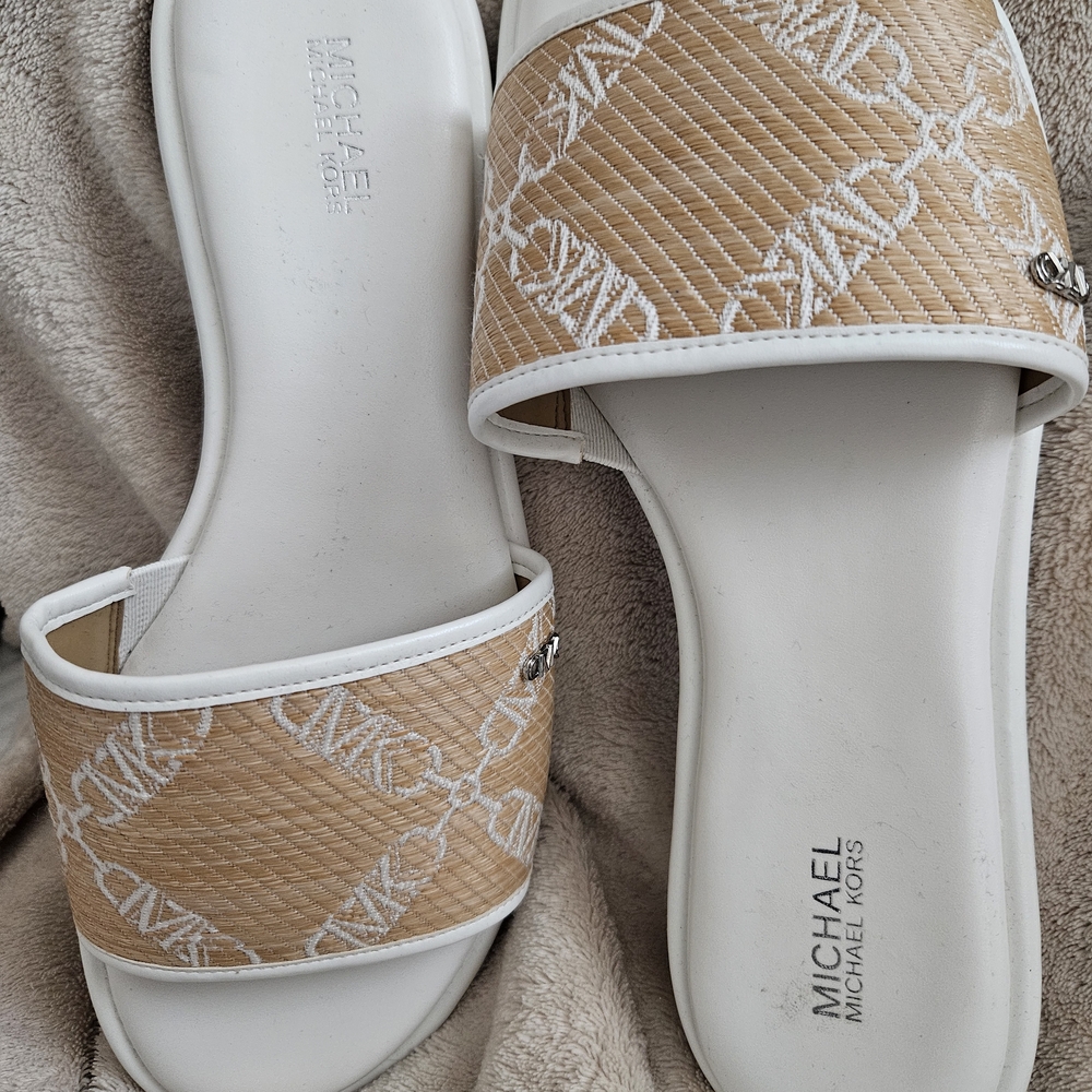 Michael Kors Tan and White Logo Slide Sandals